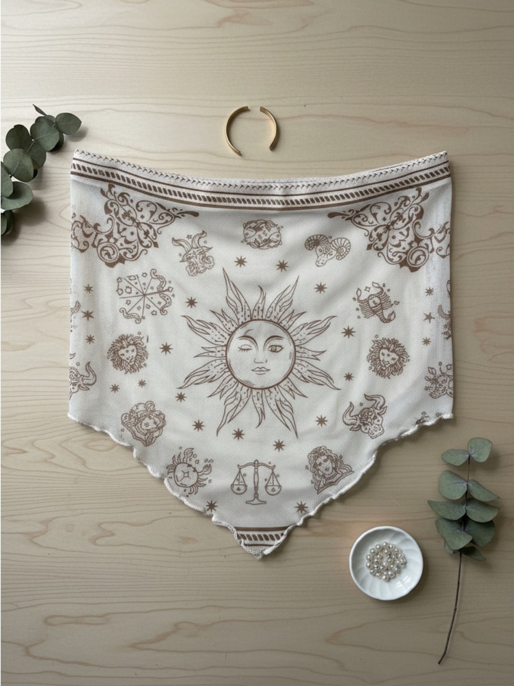 Sun & Zodiac Printed Bandana Top in Cream and Brown